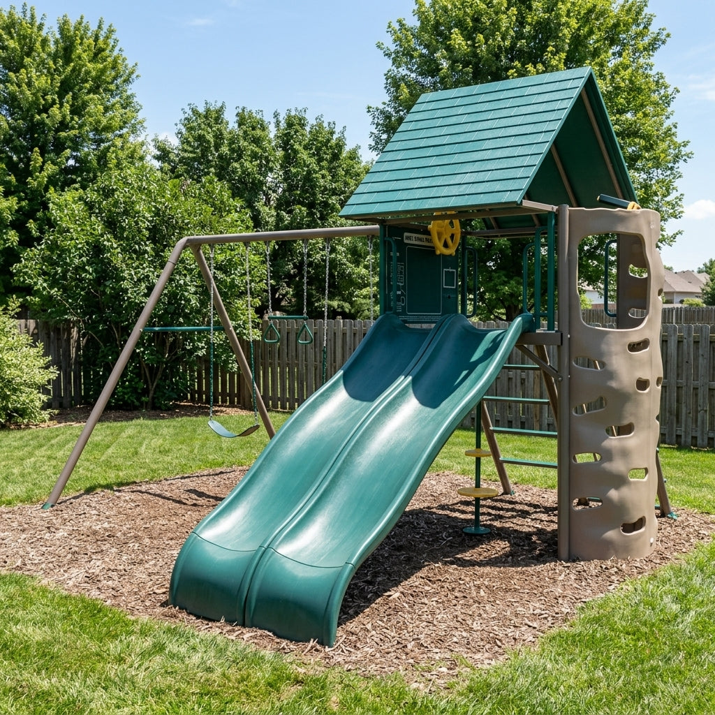 Large outdoor playset with slides, climbing wall, and swings installed in a backyard