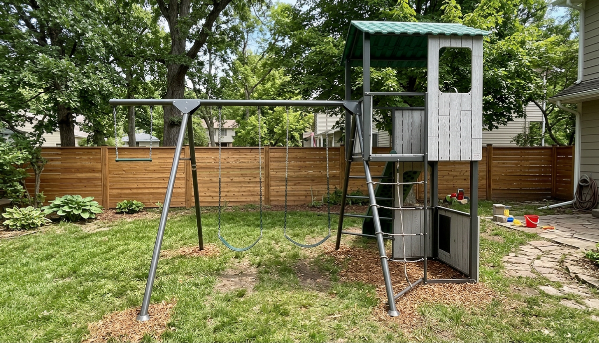 Children's playset with swing and ladder installed in a backyard