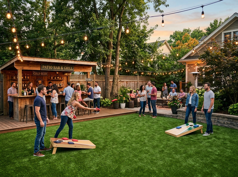 Small-scale patio turf installation with cornhole at outdoor bar