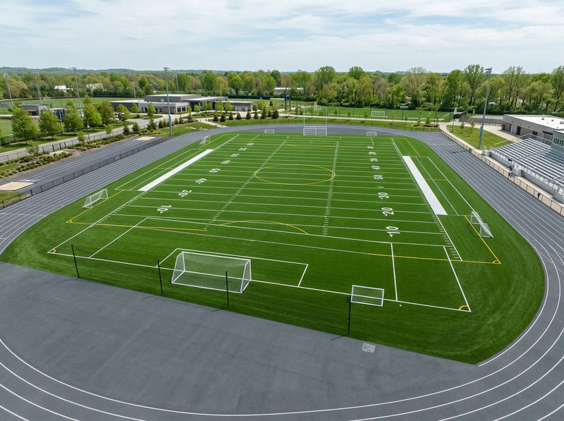 Outdoor athletic field with artificial turf from elevated view