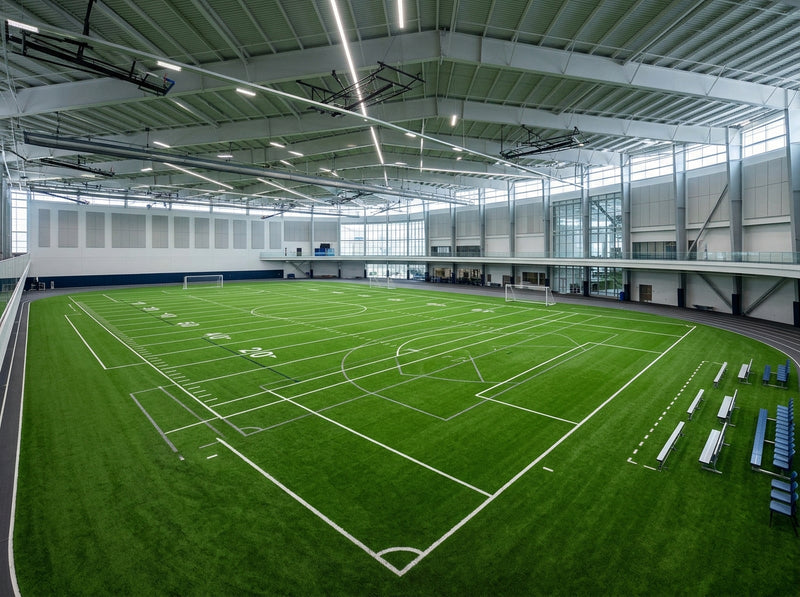 Indoor athletic turf facility with field markings in Omaha