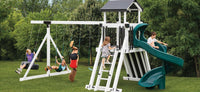 Giggle Junction Swing Set Package GA44-6 - Full View with Vinyl Roof, Spiral Slide, and Tire Swing