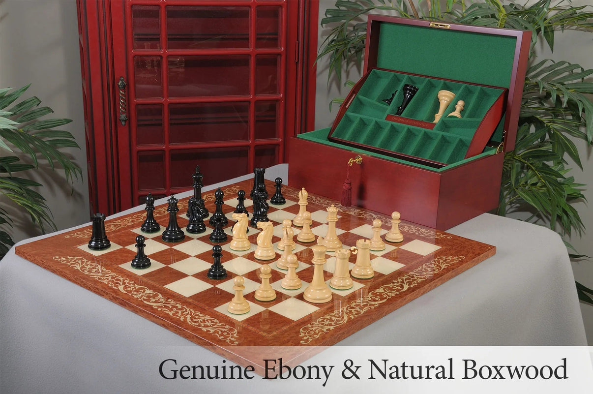 The Broadbent Series Luxury Chess Set, Box and Board Combination - full view with chessmen, fitted coffer, and Vavona Burl board