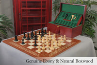The Broadbent Series Luxury Chess Set, Box and Board Combination - full view with chessmen, fitted coffer, and Vavona Burl board