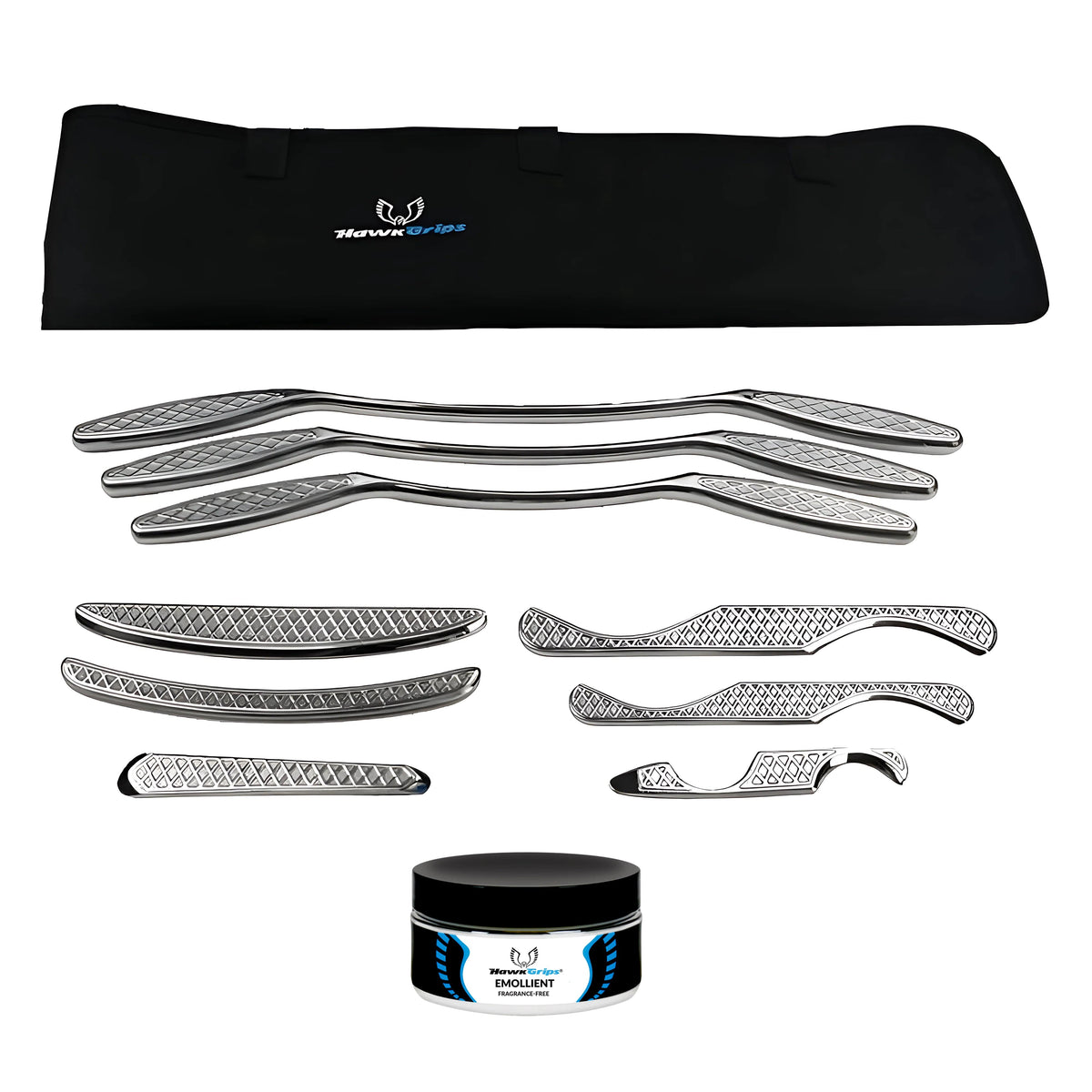 HawkGrips Platinum Set - all 9 IASTM instruments laid out on display
