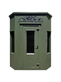 Boonetown Elite Hunter High Rise 6x6 Octagon hunting blind exterior with adjustable metal base stand