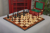 B & Co. Series Luxury Chess Set with 4.4 inch King on Elm Burl Maple board with chess box - full view