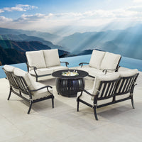 Black Aluminum Fire Table Set with Four Deep Seating Loveseats