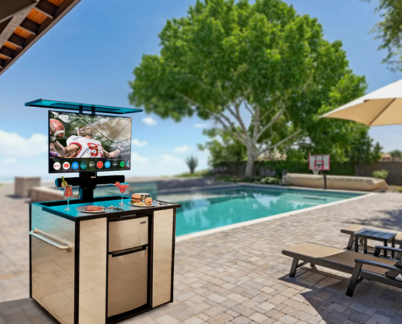 MirageVision Outdoor TV Lift Cabinet with built-in mini-fridge - front view with TV raised