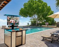 MirageVision Outdoor TV Lift Cabinet with built-in mini-fridge - front view with TV raised