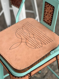 Alamo Saddlery Cowboy Stitch Swivel Bar Stools with short back in Black frame with hand-tooled leather detail