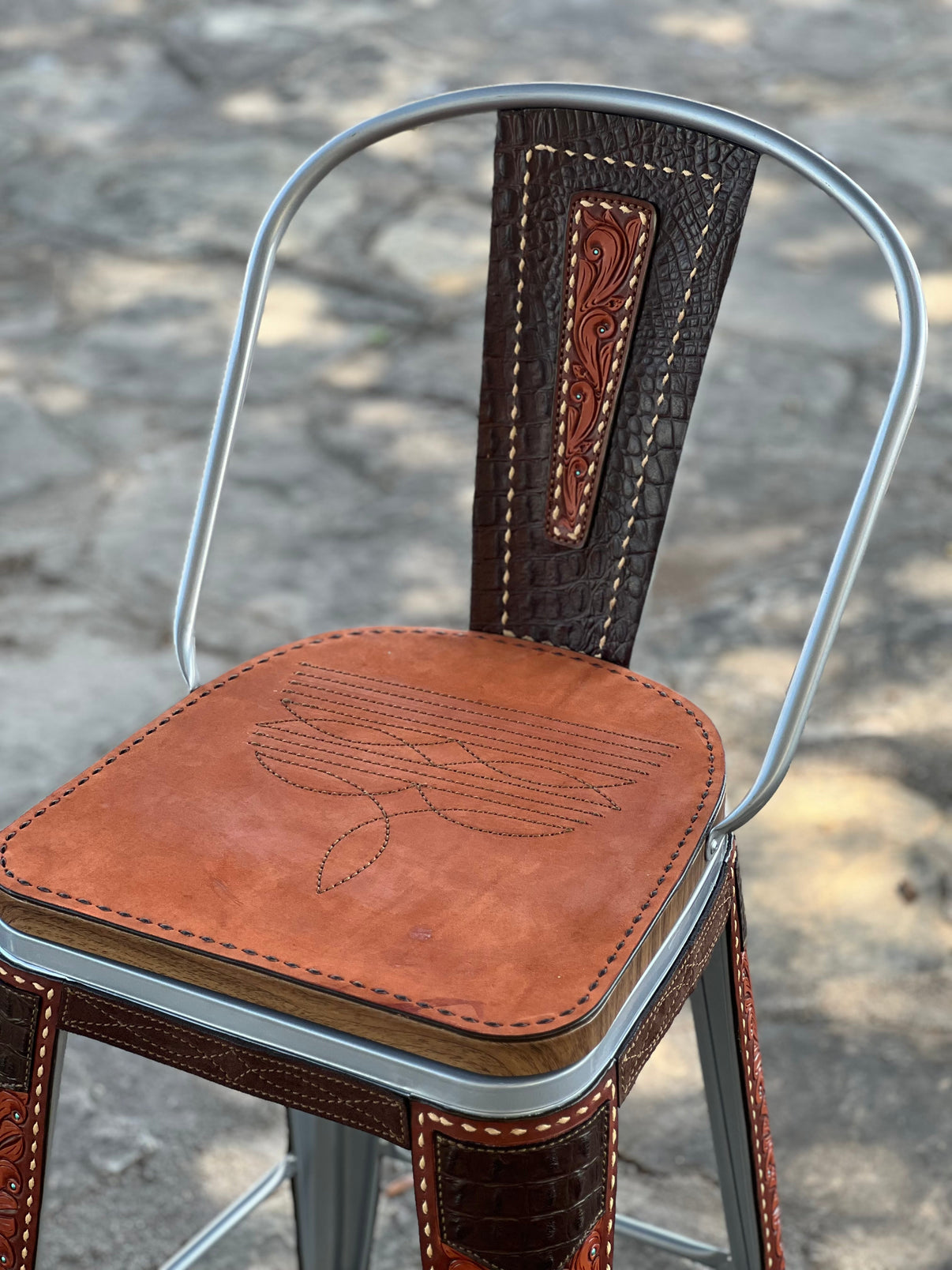 Alamo Saddlery 26-inch Chocolate Paisley Gator Bar Stool with Tall Back in Gunmetal - hero shot