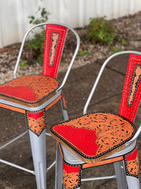 Alamo Saddlery Red Gator Tall Back Swivel Bar Stools - hand tooled leather with turquoise gator print overlay