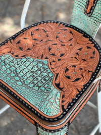 Alamo Saddlery 30 inch Turquoise Gator hand tooled leather bar stool with tall back in white - front view
