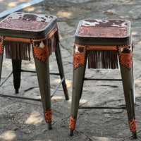 Alamo Saddlery Cow Suede and Fringe Inlay Barstool No Back - Gun Metal Finish