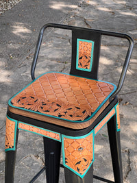 Set of 2 Alamo Saddlery El Pinto 30-inch Black Swivel Bar Stools with hand leather details and antique finish