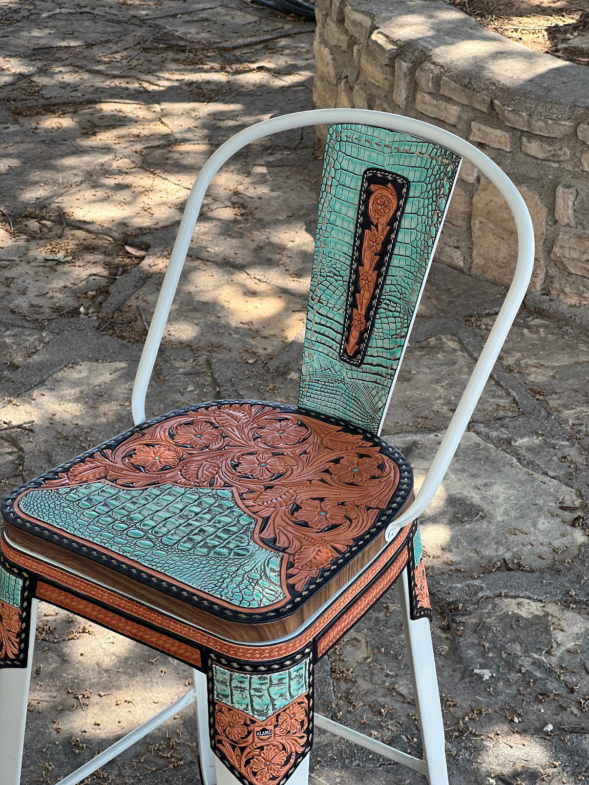 Alamo Saddlery Turquoise Gator Swivel Bar Stools with Tall Back - set view
