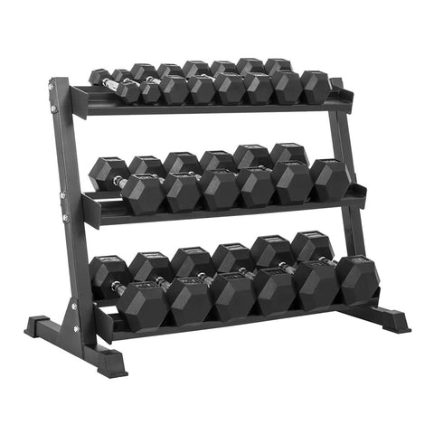 Image of 550lb Hex Rubber Dumbbell Set w/ 3-Tier Rack by Lifeline