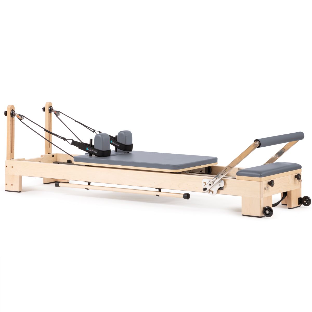 Elina Pilates Lignum Wooden Reformer - full view, maple wood frame with grey upholstery