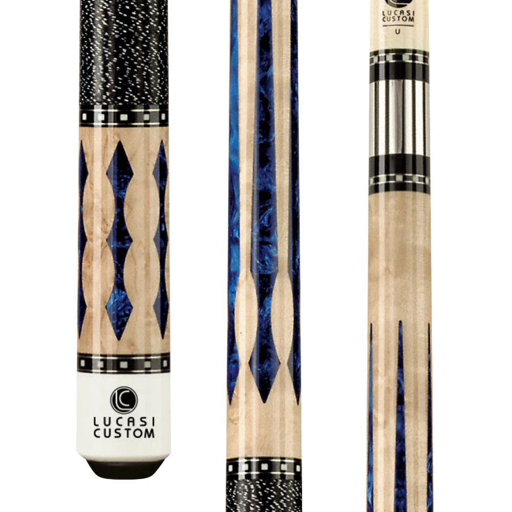 Lucasi Custom pool cue with blue and black diamond pattern on a white background