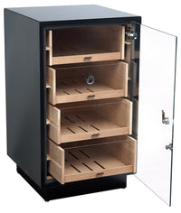 Manchester Cigar Humidor Cabinet with glass door open showing cedar drawers and cigar storage
