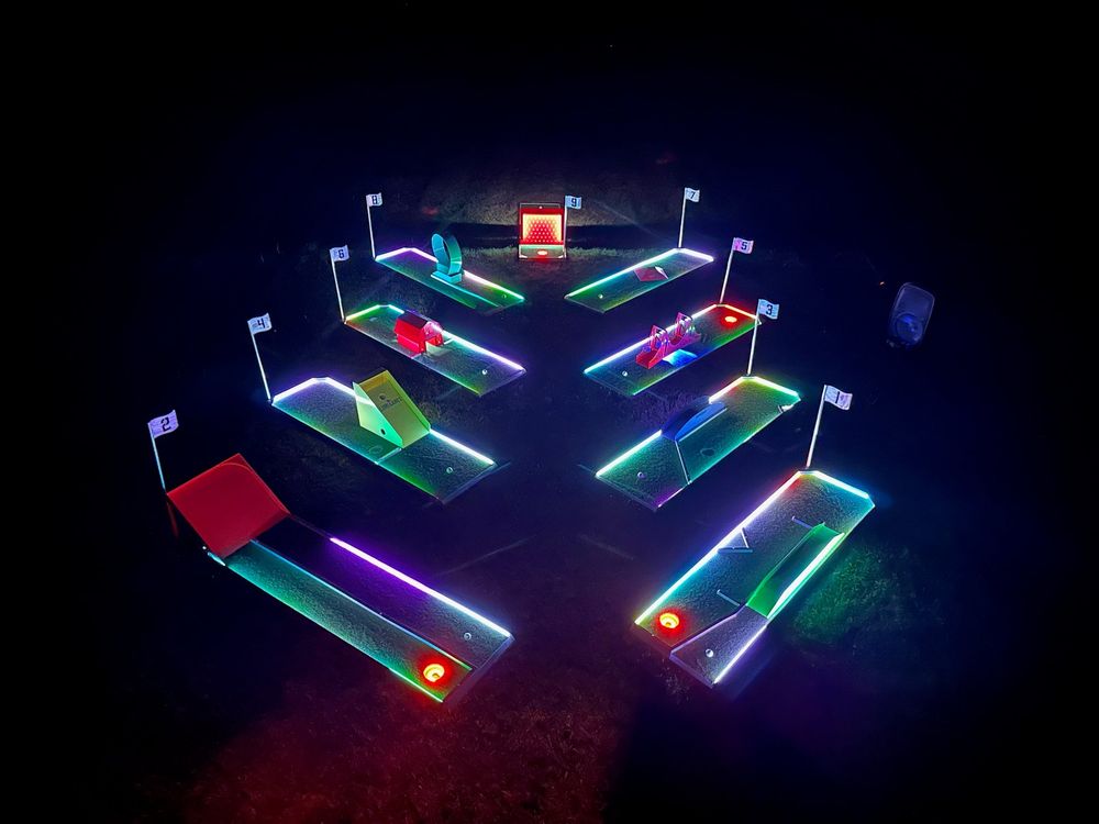 Alumi Games 9-Hole Mini Golf Course 2nd Generation LED lights and Premium Obstacles full course view