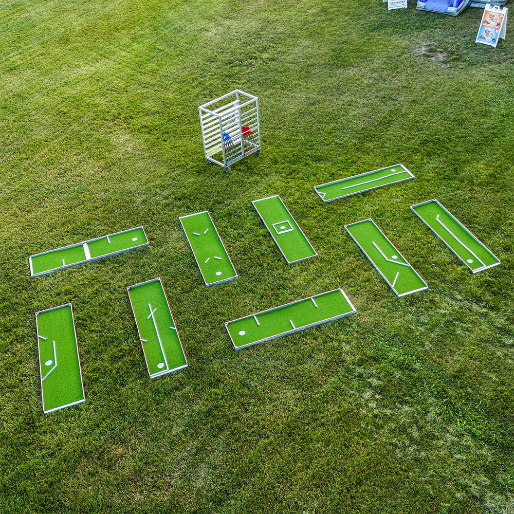 Alumi Games 9-Hole Mini Golf Course with fixed aluminum obstacles and transportation cart