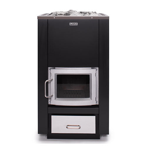 Narvi 30 Wood-Burning Sauna Stove 24kW with glass door and black steel casing