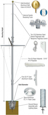 Nautical Aluminum Flagpole with Yardarm & Gaff