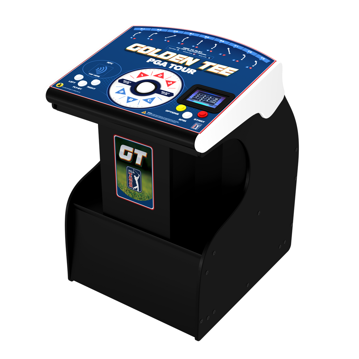 Golden Tee PGA TOUR Showpiece PRO cabinet - front view with pedestal