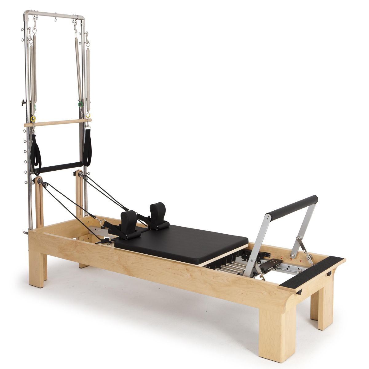 Elina Pilates Physio Wood Reformer with Tower - full view in black upholstery
