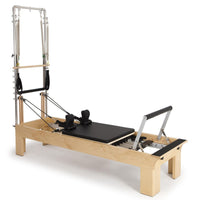 Elina Pilates Physio Wood Reformer with Tower - full view in black upholstery