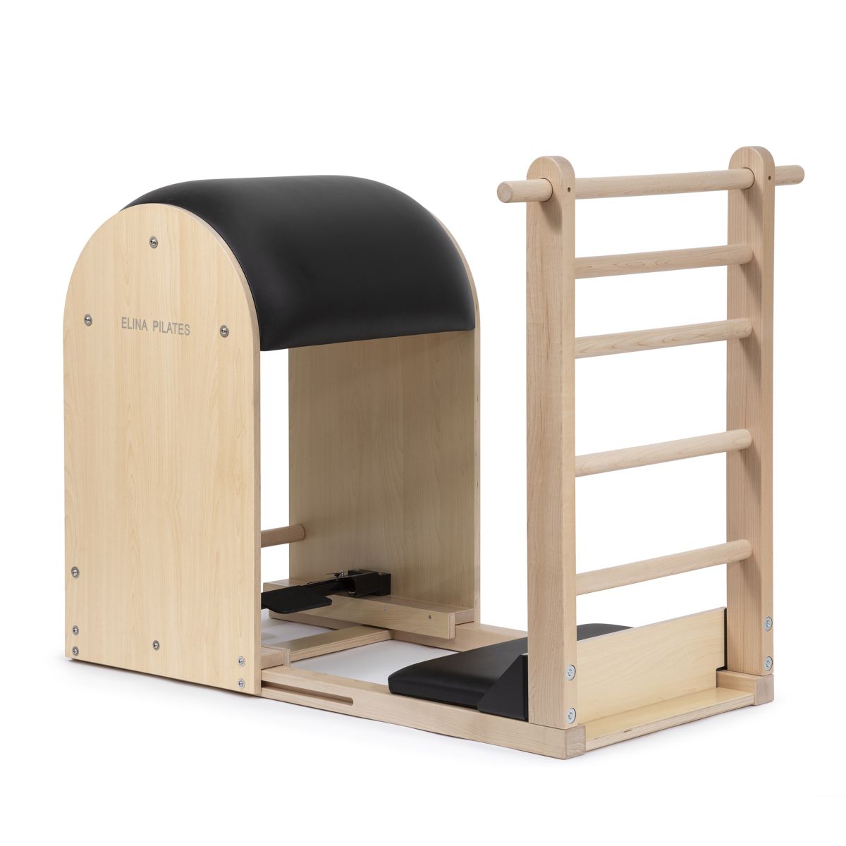 Elina Pilates Ladder Barrel Elite with wooden base - full view, black upholstery