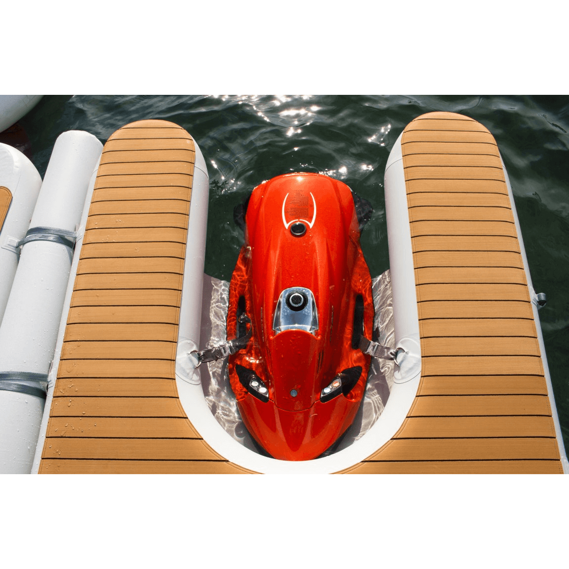 NautiBuoy Voyager Teak C-Dock - overhead view showing teak PE foam surface and C-shaped entry