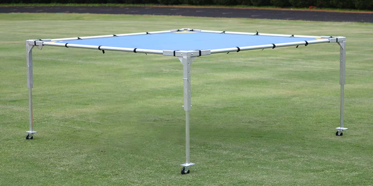 Fisher Athletic OC10 Series Open Chute - 10x10 aluminum football training chute with blue vinyl mesh top
