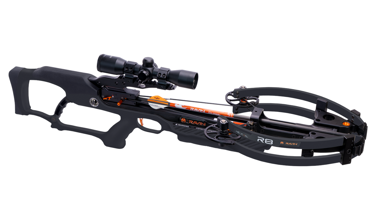 Ravin R8 Crossbow in black - full product view, 420 FPS HeliCoil crossbow