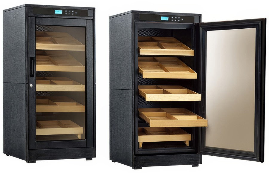 Redford Lite 1250ct Cigar Humidor Cabinet in Black Oak finish - full front view with open glass door