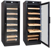 Remington Lite Cigar Cabinet Humidor in Black Oak finish - full view showing tempered glass door and LED-lit interior