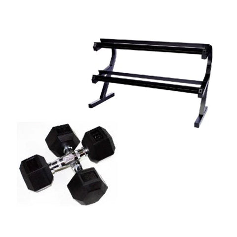 Image of 5lb to 50lb Rubber Hex Dumbbell Set w/ Two Tier Rack by Troy Barbell