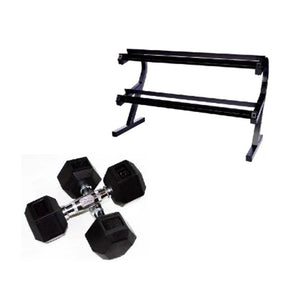 5lb to 50lb Rubber Hex Dumbbell Set w/ Two Tier Rack by Troy Barbell