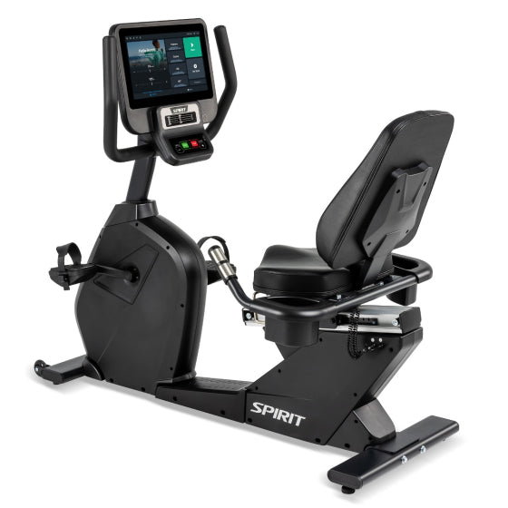 Spirit CR800ENT Commercial Recumbent Bike - full view showing step-through frame and 15.6-inch touchscreen