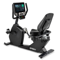 Spirit CR800ENT Commercial Recumbent Bike - full view showing step-through frame and 15.6-inch touchscreen