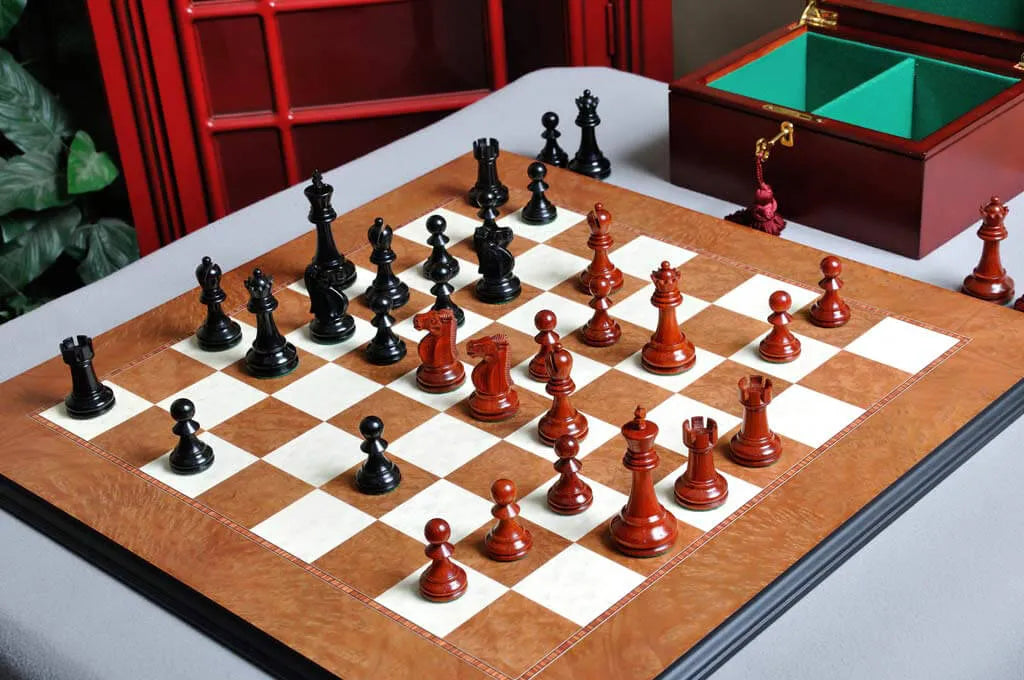 Reykjavik II Series Prestige Chess Set with Genuine Ebony and Blood Rosewood pieces on Elm Burl chessboard - hero shot