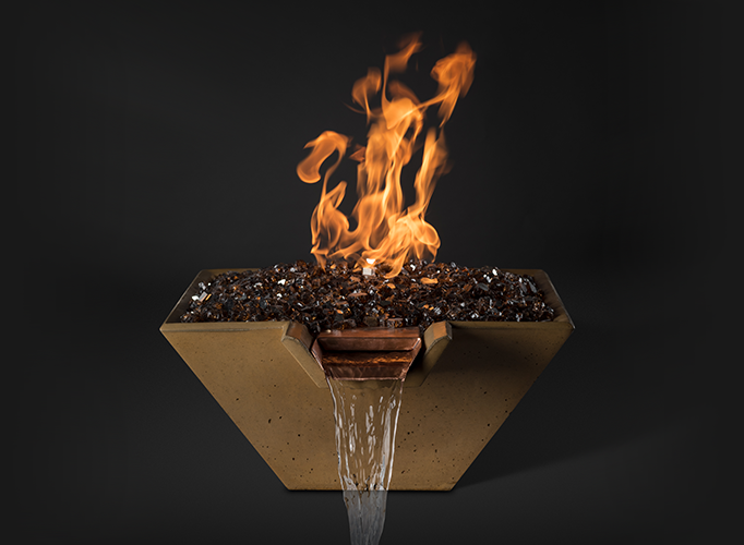 Slick Rock Cascade Square Fire on Glass Bowl with copper scupper and cascading water