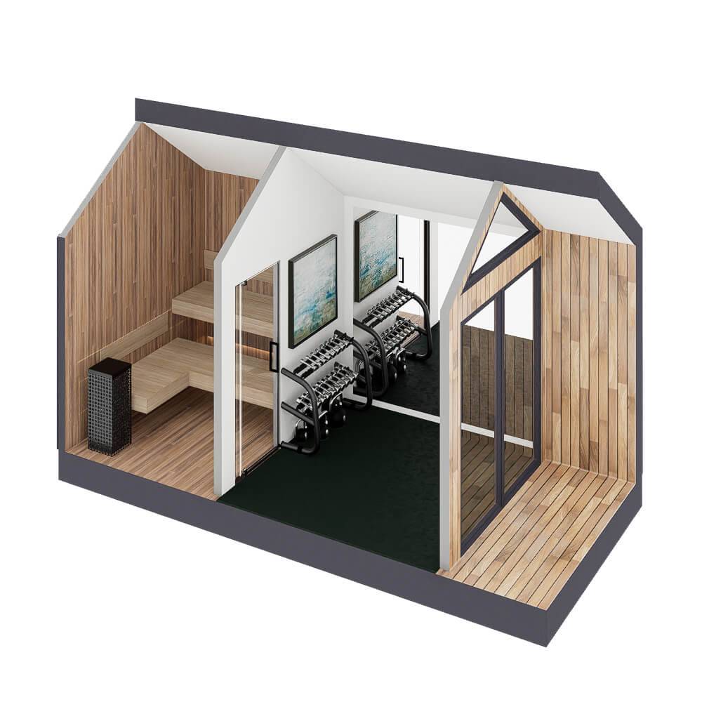 Sweaty Yeti Sauna Fit open view showing interior layout of sauna and workout room