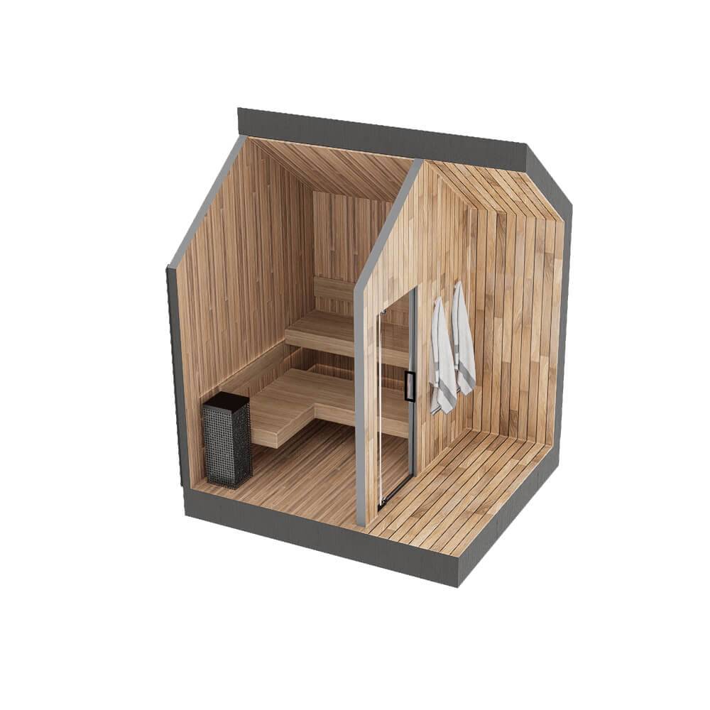 Sweaty Yeti Outdoor Sauna with open door showing cedar interior