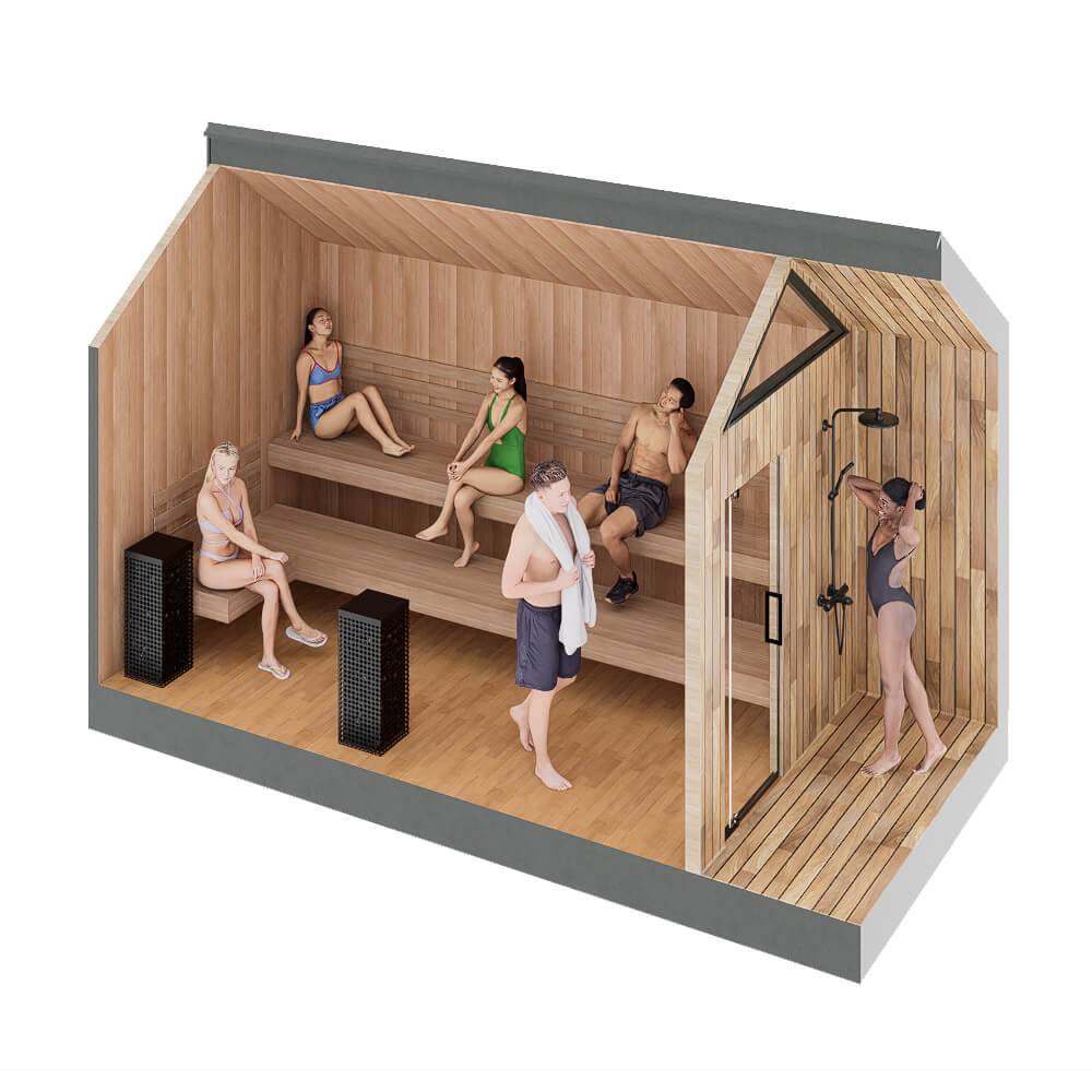 Sweaty Yeti Sauna Max outdoor cedar sauna with people enjoying a group session