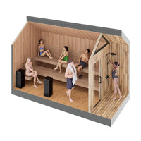 Sweaty Yeti Sauna Max outdoor cedar sauna with people enjoying a group session