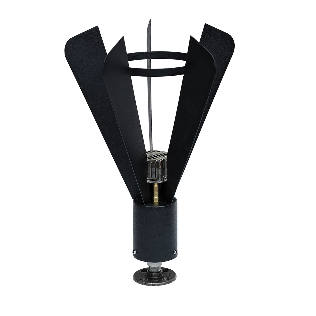 Fire by Design Fin Tiki Torch with bold vertical fins framing a rising gas flame, shown in landscape installation