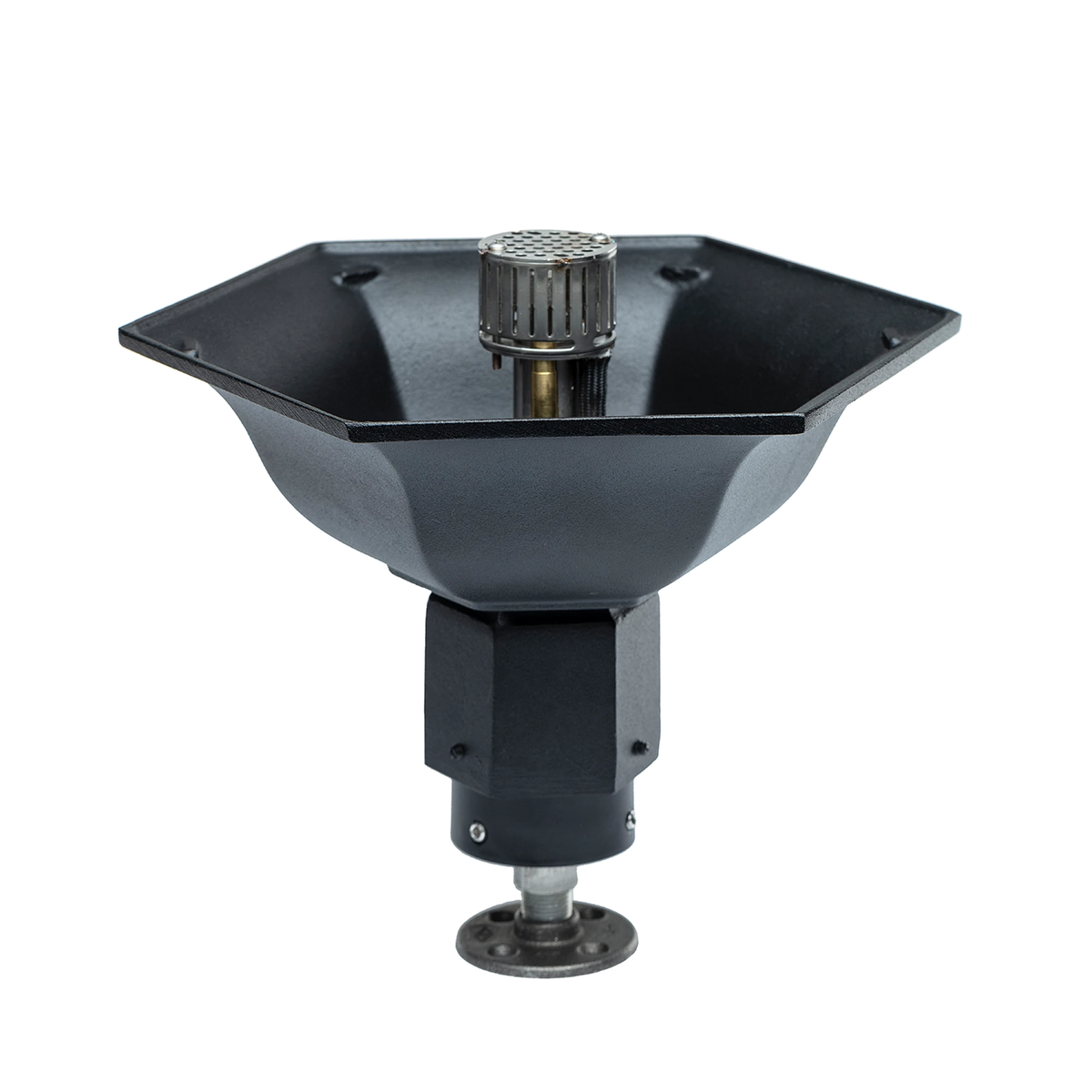 Fire by Design Gulf Automated Tiki Torch with wide faceted basin producing a broad open flame